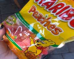 Lydia is mad about the peach rings candies.